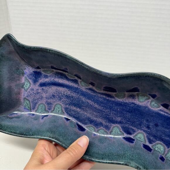 Sheepscot River Pottery Ocean Blue Wavy Tray Pink Glitter Serving Platter - Picture 2 of 8